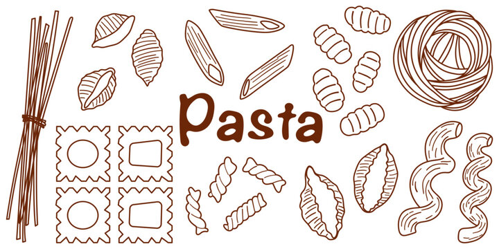 Types of Italian pasta collection with spaghetti, tagliatelle, penne, ravioli, fusilli, gnocchi, conchiglie and other pasta shapes. Food clipart set for menus, pasta guides, restaurant branding