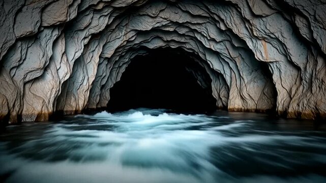 A cinematic shot of a rushing white water river flowing rapidly through a dark, rocky cavern with dramatic lighting.