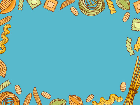 Italian pasta shapes frame for restaurant menus, recipe cards, food advertising and culinary layouts. Colorful hand drawn vector illustration with copy space on blue background.