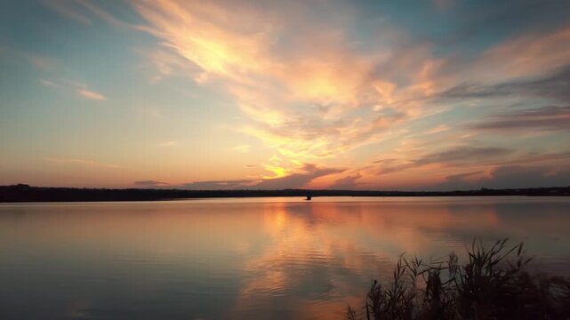 Breathtaking 4K video of golden sunset reflecting on calm lake water, dramatic clouds and silhouetted reeds in foreground. Peaceful nature scenery.