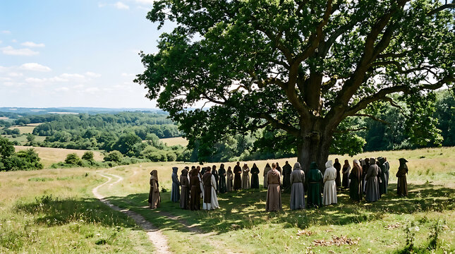 Gathering of Druids or Monks Standing Under Large Oak Tree in Valley