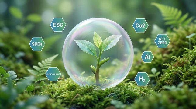 Green plant growing inside a protective bubble surrounded by nature and environmental icons.