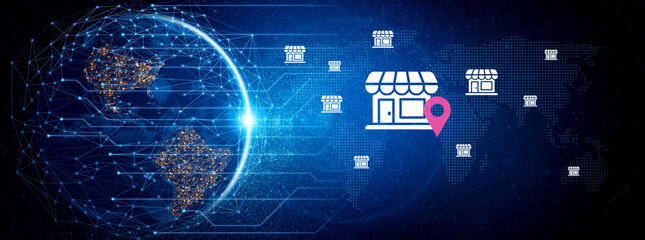 Visual representation of a global retail network showcasing shop icons, a location pin, and digital...