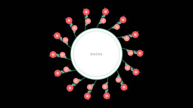 Circular floral badge with red flowers on a black background.