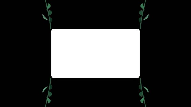 Minimalist black background with white central frame and green vine accents