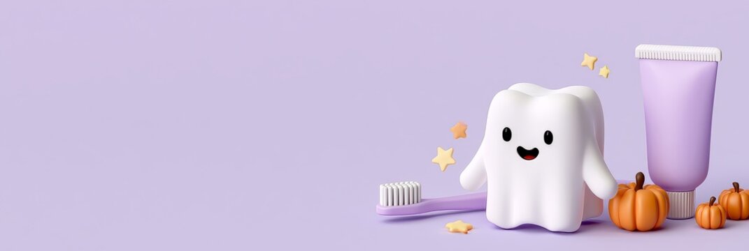 Whimsical halloween dental scene featuring a cute tooth character with oral care products and pumpkins