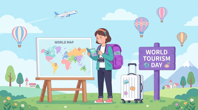 World Tourism Day Illustration with Girl Traveler and World Map