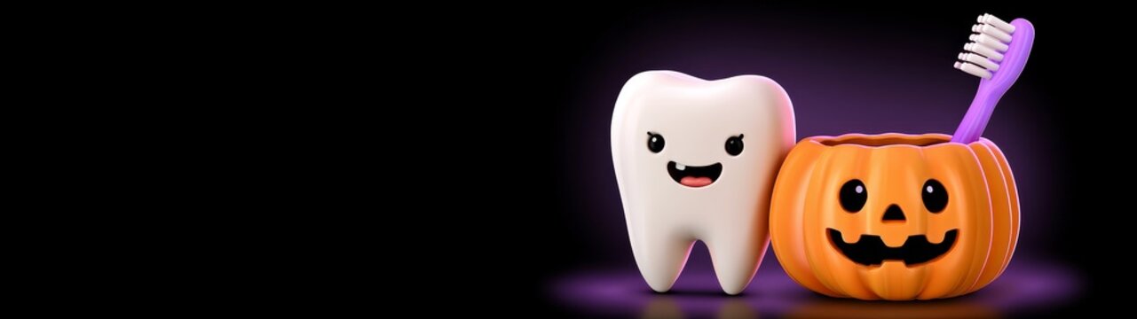 Playful halloween dental scene featuring a smiling tooth and pumpkin with toothbrush for spooky healthcare promotion