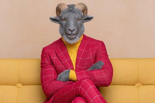 Fashionable goat in a bright suit sitting on a couch