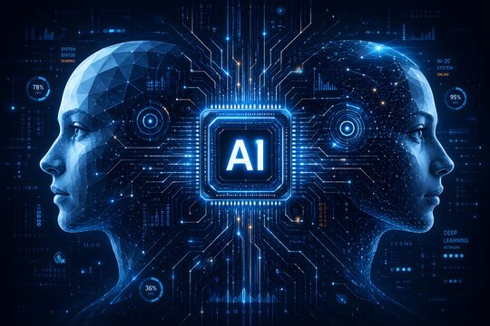 Artificial Intelligence and Deep Learning Technology with Futuristic Human Faces and Advanced AI Chip. 