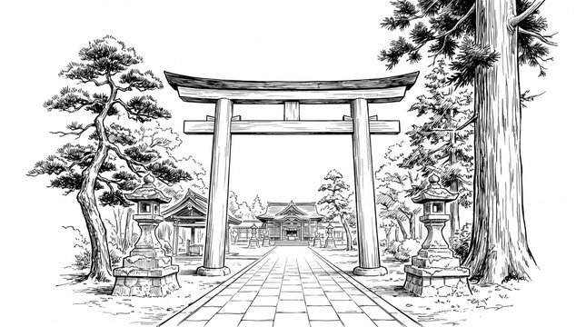 鳥居と石畳の参道を描いた神社の漫画背景