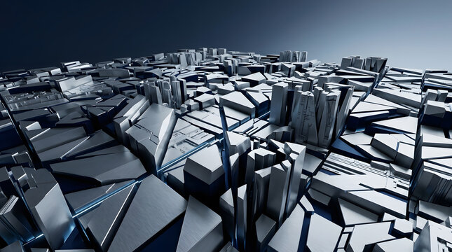 Futuristic abstract city landscape made of metallic geometric blocks and structures with sci