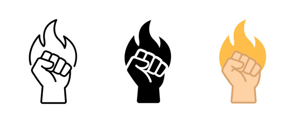 Fototapeta premium Fist with fire icon. Power and resistance symbol. Simple pictogram for strength, protest, revolution, freedom, courage, determination, empowerment, activism and fighting spirit.