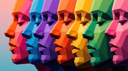 Naklejka na ściany i meble Abstract geometric faces in rainbow colors lined up in profile. Low poly art style shows diversity and individuality within a group. Modern graphic design.