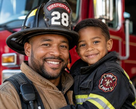 Proud African American firefighter father holding his smiling little son. Both wearing fire department uniforms. Happy family, essential worker and role model concept