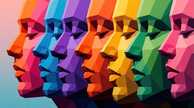 Abstract geometric faces in rainbow colors lined up in profile. Low poly art style shows diversity and individuality within a group. Modern graphic design.