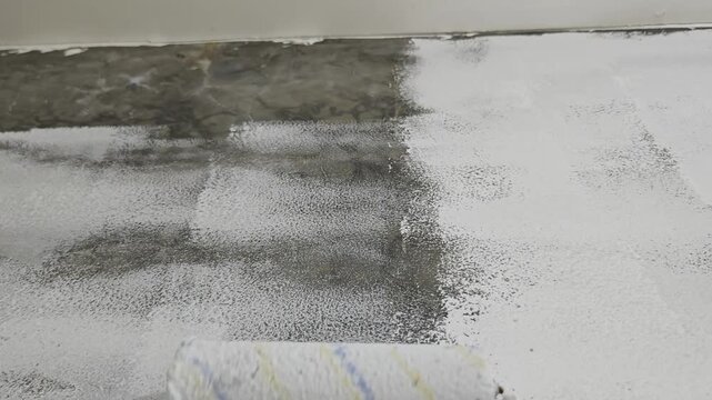 Wide POV shot of rolling white paint over a dark concrete surface using an extension pole roller, illustrating home renovation, surface priming, DIY repair, and interior contractor work.