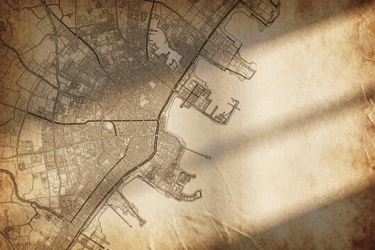 Vintage map of Doha Qatar on aged paper texture. Sunlit retro city plan illustration with old grunge background. Detailed street network and coastline drawn.