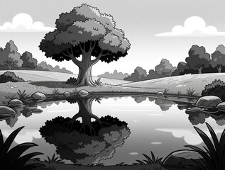 Naklejka premium Monochrome cartoon landscape with large tree near calm pond. Tree reflection shows in still water. Hill, bushes, clouds, rocks create peaceful nature scene. Simple black, white line art style for