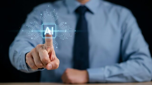 Professional Business Executive Interacting With Advanced Artificial Intelligence Technology Interface for Modern Digital Transformation