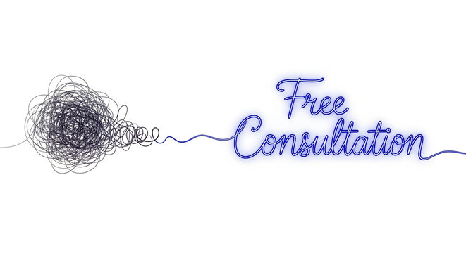 Free Consultation neon lettering sign, glowing blue script with tangled wire ball effect. Abstract typography design, advertising promotion concept, hand-drawn style text