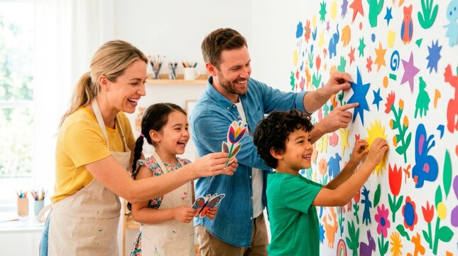 Happy family enjoying creative time together. The parents and kids are painting a bright and colorful mural on the wall.