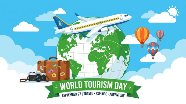 World Tourism Day Concept with Airplane Globe and Suitcase Vector