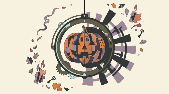 Mechanical Halloween jack o lantern pumpkin vector illustration with gears autumn leaves candles and keys on cream background