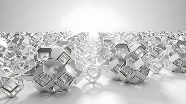 Abstract futuristic metallic modular structures arranged in a symmetrical pattern on white floor