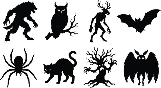 Spooky Halloween Silhouette Collection Featuring Werewolf, Wendigo, Mothman, Black Cat, Bat, Owl, Spider, and Haunted Tree