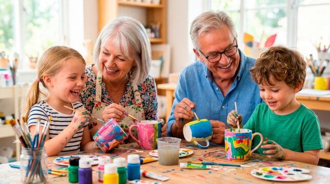 Happy grandparents and grandchildren enjoying creative time together. They are painting colorful designs on ceramic mugs at a table.