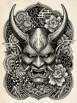 Japanese Hannya mask tattoo design with traditional floral elements and demon horns