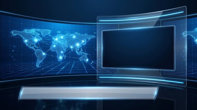 Virtual news desk studio background with world map and glowing monitors