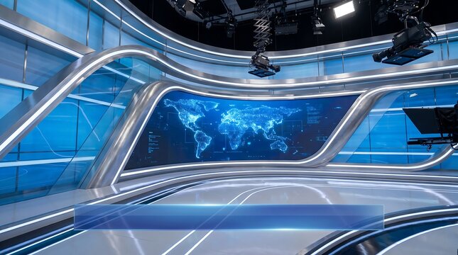 High tech virtual news studio interior with curved glowing blue screens