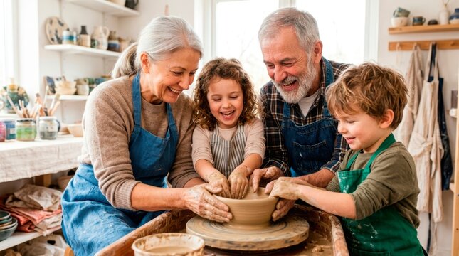 Happy grandparents and grandchildren enjoying creative time together. They are shaping wet clay on a spinning pottery wheel in a studio.