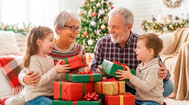 A joyful multi-generational family celebrates Christmas together. All four family members hold multiple gifts and share a hearty group laugh.