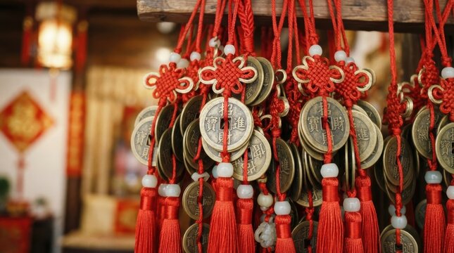 Traditional Chinese lucky coins with red tassels and knots for good fortune