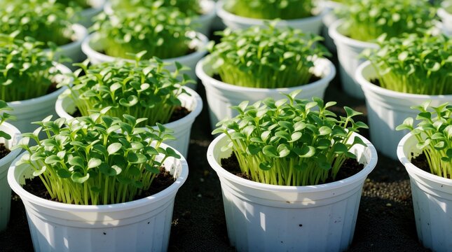 Rows of white pots hold lush green seedlings. Young plants sprout upward in neat arrangements. Healthy new growth begins its cycle in garden plots.