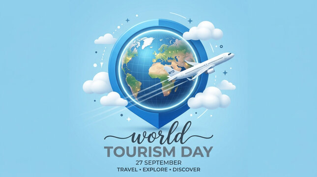 World Tourism Day Illustration with Airplane and Globe in Pin Icon