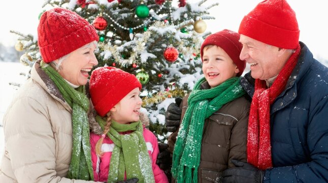 Happy grandparents and grandchildren enjoying winter time together. They are laughing and standing close near a beautiful snowy Christmas tree.
