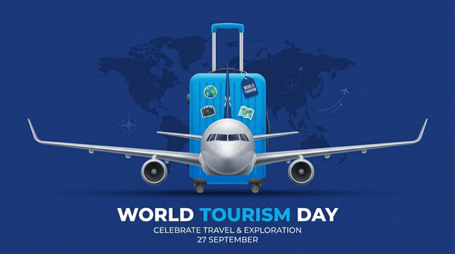 World Tourism Day Vector Illustration with Airplane and Suitcase