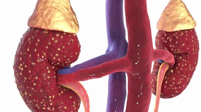 Acute pyelonephritis, 3D animation showing a bacterial kidney infection with focal purulent inflammation, consistent with fever, flank pain and urinary symptoms, a potential cause of sepsis.