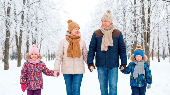 Happy grandparents and grandchildren enjoying winter time together. They are holding hands and taking a peaceful walk through a snowy park.