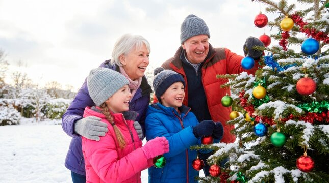 Happy grandparents and grandchildren enjoying winter time together. They are decorating a beautiful Christmas tree outdoors in a snowy park.