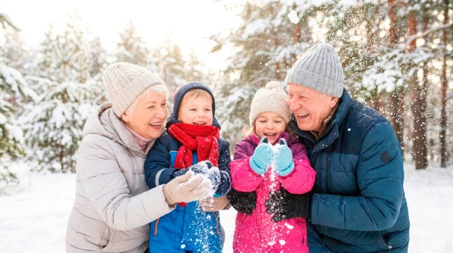 Happy grandparents and grandchildren enjoying winter time together. They are huddled together in the winter forest while the kids hold handfuls of snow.