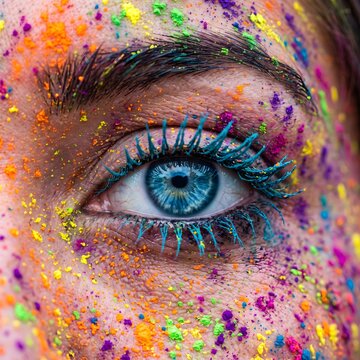 Close-up of a human blue eye with colorful powder makeup and painted eyelashes close up eyelashes portrait