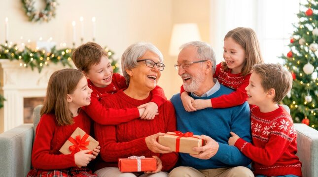 Happy grandparents and grandchildren celebrating Christmas together. They sit on the sofa holding gifts and sharing warm hugs in a festive room.