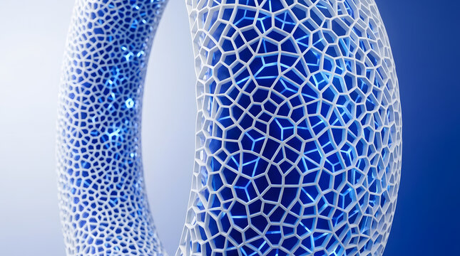 Futuristic blue and white porous ring structure with organic cellular network design