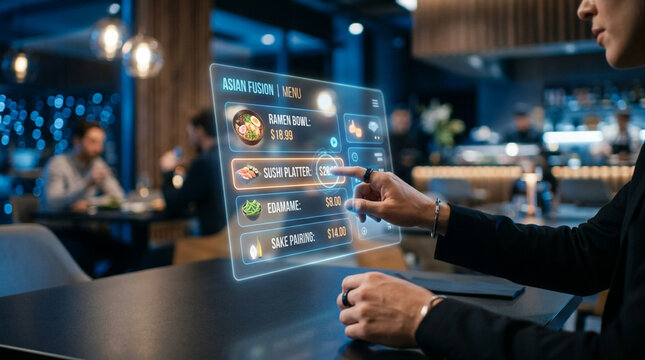 Futuristic Digital Menu Interface in a Modern Restaurant