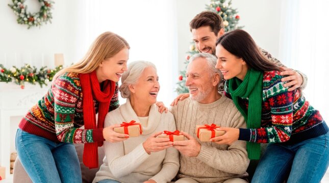Happy grandparents and grandchildren celebrating Christmas together. They are holding wrapped presents while loved ones embrace them with cheerful smiles.
